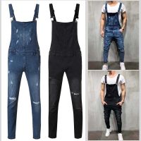 Fashion Mens Jeans Hi Street Denim Ragged Strap Hole Suspenders New Work Clothes Jumpsuits Casual Hole Distressed Denim Bib