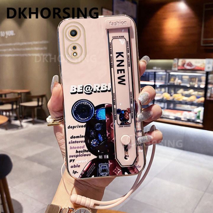 dkhorsing-เคสโทรศัพท์ใหม่สำหรับ-a98-oppo-a78-a77-a77s-a57-a96-a76-a17-a17k-a16k-a16ลายหมีน่ารักชุบปลอกอ่อน-oppoa98-5กรัมพร้อมที่ถือสายรัดข้อมือ-สายคล้องมือ