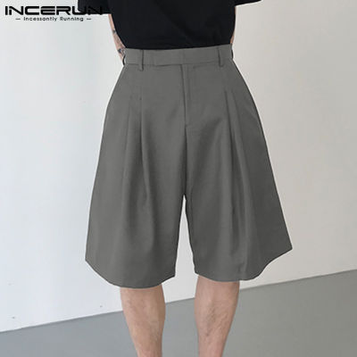 INCERUN กางเกงขาสั้นขากว้างสำหรับผู้ชาย,กางเกงขาสั้นเอไลน์เรียบง่ายสวมใส่สบายหลวม (สไตล์เกาหลี)