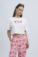 ESP เสื้อทีเชิ้ตทรงครอป ผู้หญิง สีขาว | Cropped Text Tee Shirt | 5898