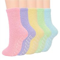 Women Girls Winter Fuzzy Slipper Socks Sweet Solid Candy Color Non-Slip Grip Warm Fleece  House Floor  Hosiery Socks Tights