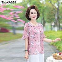 Mothers wear printed short-sleeved chiffon shirt middle-aged womens plus-size loose foreign-style shirt floral floral age-reducing leave two-piece top