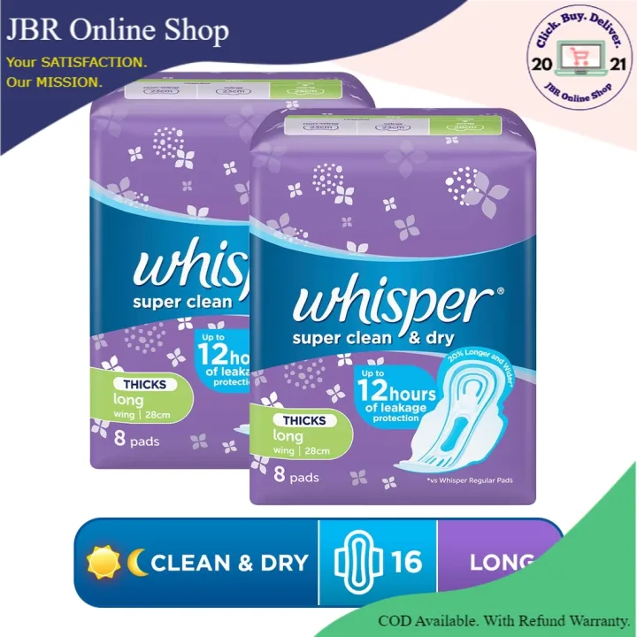 Whisper Super Clean & Dry Long Heavy Flow (28cm) with Wings 16 Sanitary ...