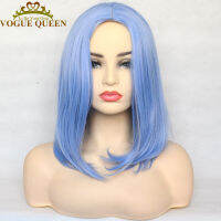 2021Vogue Queen Light Blue Synthetic Straight Bob Wig Middle Part Full Machine Made Wig Heat Resistant Fiber For Women