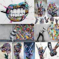 Canvas Printing Graffiti Art Picture Home Decor Pop Street Art Abstract Hand Mouth Scissors and Fist Painting