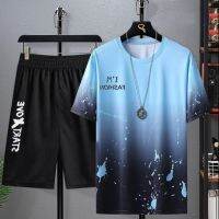 Lanbo Clothing} เสื้อยืดแขนสั้นไล่ระดับ,M-5XL แฟชั่นคอลเลอร์กางเกงขาสั้นผ้าย้อมสี