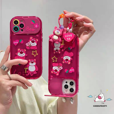 เคสโทรศัพท์การ์ตูนหมีสตอเบอร์รี่น่ารักใช้ได้กับ IPhone 11 13 12 14 Pro Max 7 8 14 Plus XR XS MAX SE แบบพับสร้างสรรค์ Kaca Rias TPU แบบนิ่มสีแดงกุหลาบเคสซิลิโคน
