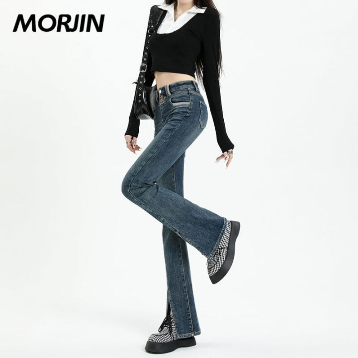 morjin-กางเกงยีนส์ขาบานขนาดเล็กแบบย้อนยุค-ฤดูใบไม้ร่วงและฤดูหนาว2022เอวลอยเข้ารูปใหม่กางเกงเกือกม้าเพรียวบาง