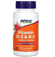 [Exp2025] Now Foods, Vitamin D-3 &amp; K-2, 45mcg (1,000 IU), 120 Veg Capsules