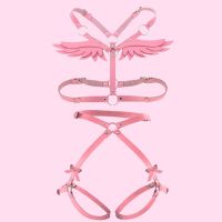 Women Angel Wings Harness Set Pink PU Leather Garter Belt Gothic Suspender Body Bondage Waist Thigh Strap Sexy Lingerie Cage