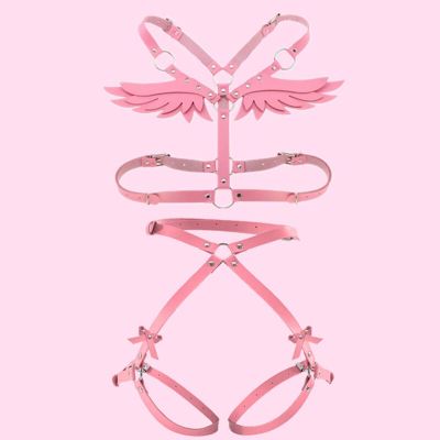Women Angel Wings Harness Set Pink PU Leather Garter Belt Gothic Suspender Body Bondage Waist Thigh Strap Sexy Lingerie Cage