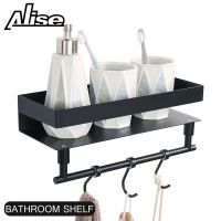 ♠◆❧ Bathroom Shower Shelf Wall Mounted with Towel Rails 3Hooks304 Stainless Steel Shower Caddy Floating Shelf in Matte Black 30CM