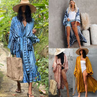 2023 New Summer Boho Stripe Tie Dye Printed Women Long Beach Kimono Swimsuit Cover Up with Belt Tunic Sarong Cardigan Dress Women Bikini Cover-ups Beach Wear Kimono Pareo bn