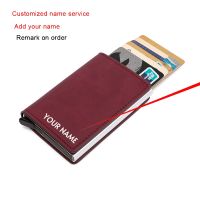 Bycobecy Customized Name Leather Wallet Men Magnet Wallet Rfid Credit Card Holder Aluminum Box Case With Money Clip Card Holder