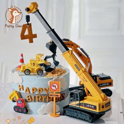 【CW】▪  Net red crane cake decoration ornaments excavator bulldozer engineering car childrens birthday plug-in
