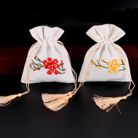 10pcs Tassel Small White Linen Bags for Gift Jewelry Packaging Handmade Ribbon Embroidery Bags Drawstring Pouch Empty Sachet