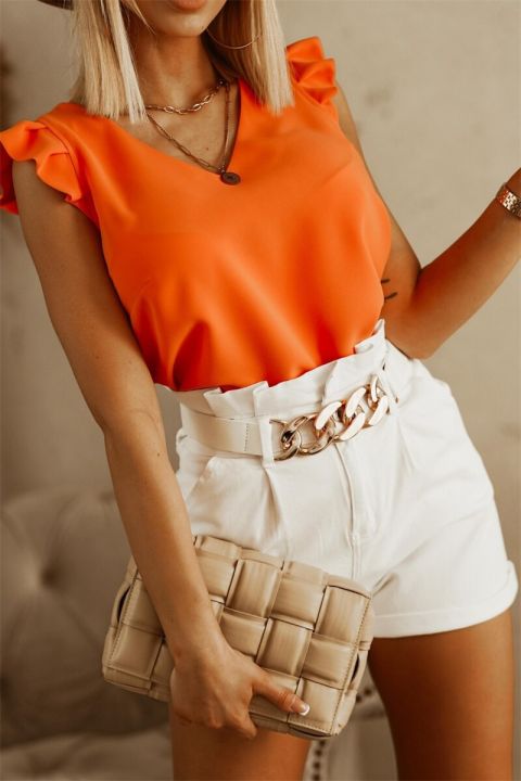 เสื้อเบลาส์ลำลองสีส้มสำหรับผู้หญิงเสื้อสำนักงานสีขาวเสื้อคอวีแต่งจีบต่อกันสำหรับฤดูร้อน