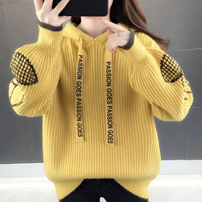 Women Hooded Sweaters Autumn Winter Casual Slim Pullover Female Soft Knitted Sweater Warm Lace Up Jumper Lantern Sleeve Tops