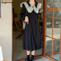 Long Sleeve Dress Women Black Simple Lace Design Fashion Elegant Retro Students All-match Spring New Casual Ulzzang Daily Empire