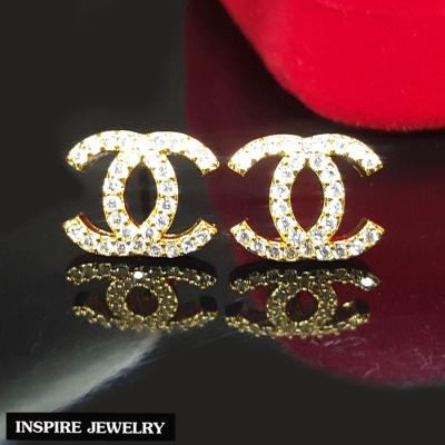 Inspire Jewelry ,ต่างหูCN ฝังเพชรCZ งานจิวเวลลี่ ตัวเรือนทองแท้ 24K  สวยหรู ขนาด 1 x 1 CM พร้อมกล่องทอง