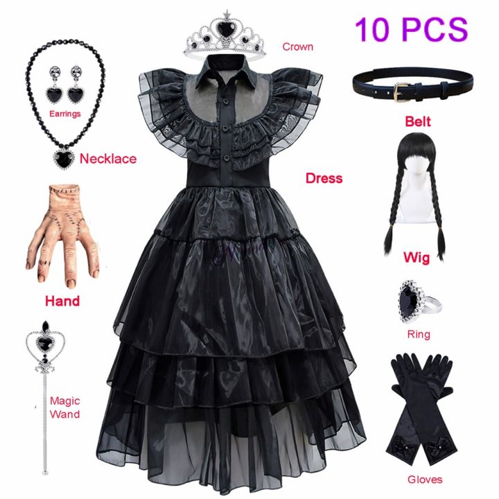 Wednesday Addams Cosplay Costume Set Carnival Party Mesh Dress Outfits For  Women/ Kids