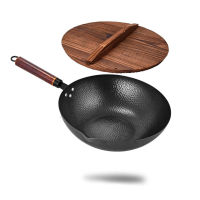 Non-Stick Pan ชุดครัว Handmade Wok แบบดั้งเดิม Forged Uncoated Carbon Steel Wok Pan ไม้ Handle ผัดกระทะพร้อมฝาปิด