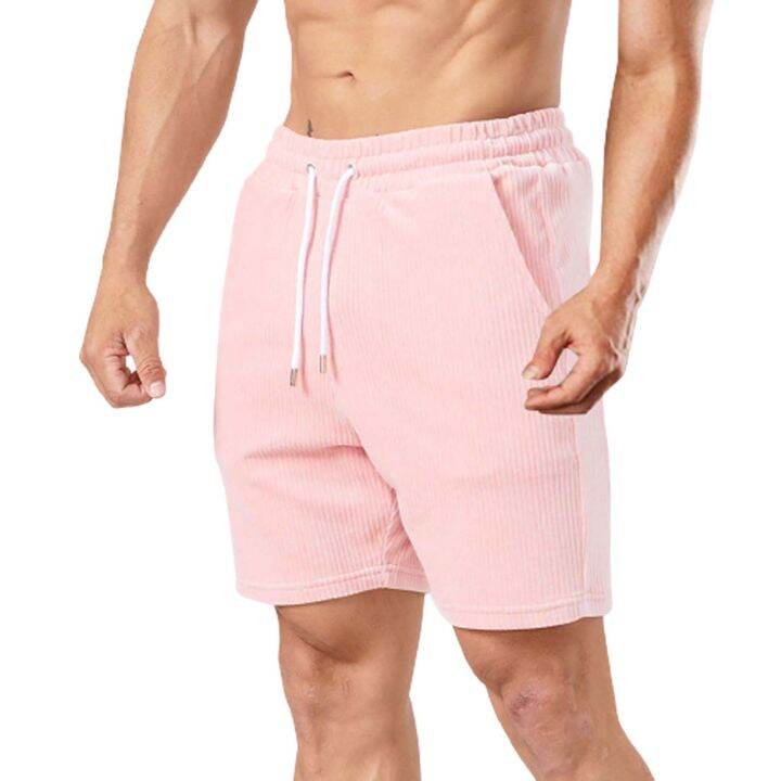 mens-corduroy-shorts-summer-trunks-solid-color-beach-wear-streetwear-drawstring-elastic-waist-homme-shorts-pink-short-pants-new