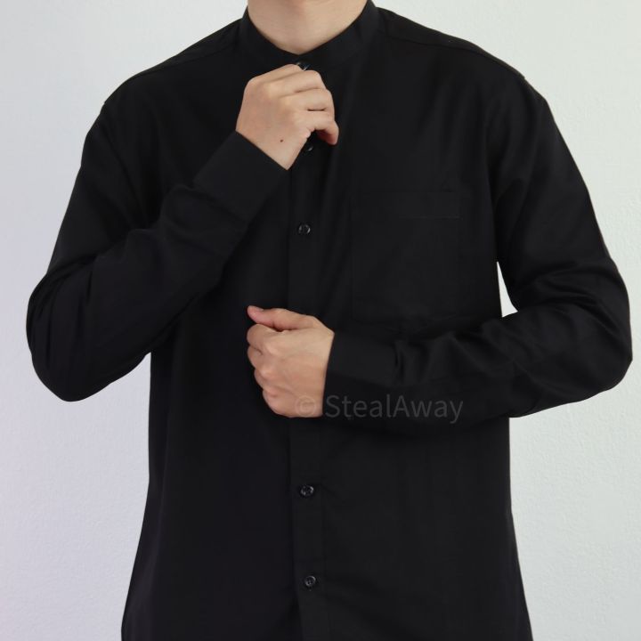 เสื้อเชิ้ตคอจีนผู้ชายแขนยาวสีดำ-มีไซส์ใหญ่-m-5xl