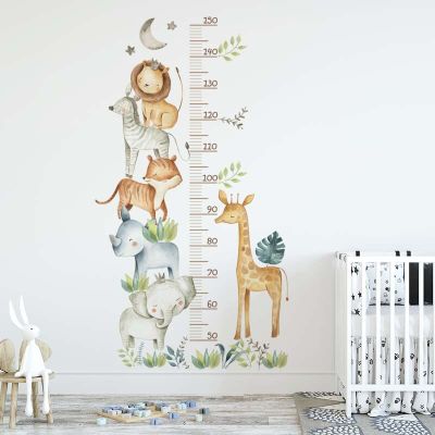 Watercolor Africa Animals Elephant Giraffe Tropical Leaves Height Growth Chart Wall Stickers Wall Ruller Nursery Wall Decals PVC