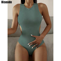 Riseado Ribbed Women Swimsuits 2022 New y Cut Out Swimwear High Neck Bodysuit Solid Beachwear Cross Back Monokini