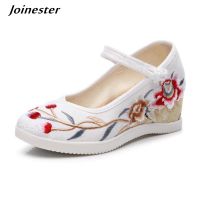 Womens Embroidered Wedges Shoe Retro Mary Jane Pumps Summer Casual Shoes Ladies Round Toe Cotton Shoes Beach Sandal Dance Shoe