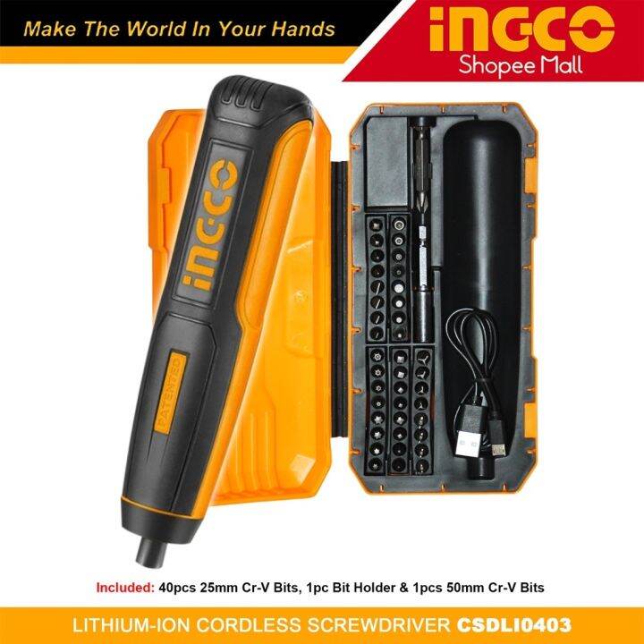 INGCO CSDLI0403 LithiumIon Cordless Screwdriver Set Portable