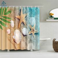 Windmill Seaside Scenery Shell Beach Scenic Bathroom Shower Curtain Frabic Waterproof Polyester Bathroom Curtain with Hooks