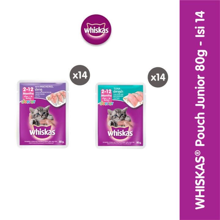 WHISKAS Junior Makanan Basah Kitten Kemasan Pouch (14Pack), 80g. Makanan Kucing Basah untuk