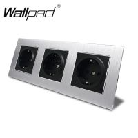 Triple EU Outlet Socket with Claws Back Wallpad 234x86mm Silver Satin Metal Panel 16A Wall Schuko EU Power Wall Socket Round Box