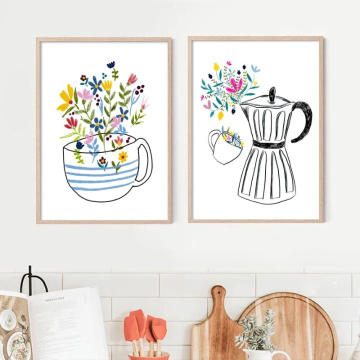 คนรักกาแฟถ้วยดอกไม้จิตรกรรมโมเดิร์นนอร์ดิกผนังโปสเตอร์ศิลปะสำหรับห้องนั่งเล่นร้านกาแฟครัวตกแต่งบ้าน