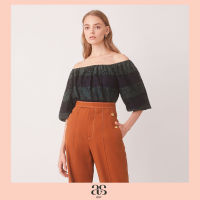 [asv aw21] Off-shoulder Striped Lace Blouse เสื้อผู้หญิง เปิดไหล่ ตัดต่อลายลูกไม้ แขนยาว