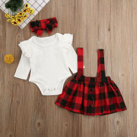 0-18 Months Baby Girl Clothes Sets 3pcs Knitted Tops Romper Plaids Print Bib Dress+Headband Newborn Christmas Outfit  by Hs2023