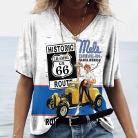 Route 66 America Highway เสื้อยืดผู้หญิง,เสื้อยืดแขนสั้นสั้นคอวีฤดูร้อนเสื้อยืดโอเวอร์ไซส์เสื้อยืดฮาราจูกุเสื้อผ้าวินเทจ