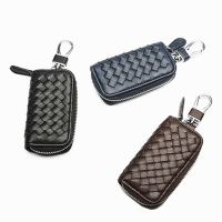 PUOU 2020 Mini Weave Card Bag PU Leather Car Key Wallets Zipper Keys Case Bag Men Women Card Money Holder Keychain Cover Pouch