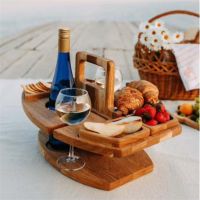 Wooden Outdoor Wine Table Folding Picnic Table With Glass Holder Round Desk Wine Glass Rack Collapsible Table For Garden Party