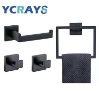 【jw】✕  Ycrays preto quadrado conjuntos de ferragens do banheiro tecido higiênico rolo suporte papel barra toalha ferroviário robe gancho para cabide acessórios