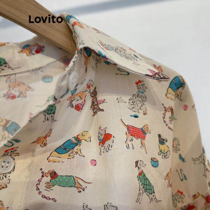 lovito-เสื้อเบลาส์ลำลอง-แขนสั้น-ลายวสัตว์-สำหรับผู้หญิง-lna12101-สีแอปริคอท