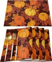 【CC】❍  Placemats Set of 4 Resistant Thanksgiving Table Mats Washable Pumpkin Leaves Placemat for Banquet Dining