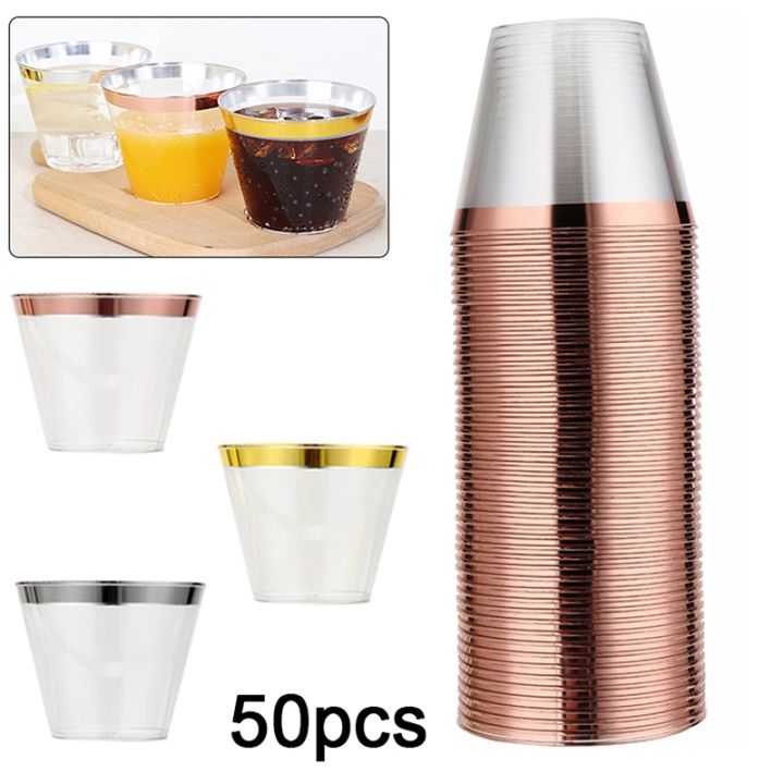 hot-qikxgsghwhg-537-50ชิ้นถ้วยพลาสติก9ออนซ์ฮาร์ดทิ้งถ้วยพลาสติกแก้วไวน์งานแต่งงานแก้วไวน์ถ้วยพลาสติกใสที่มีขอบทอง