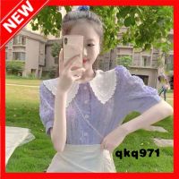 qkq971 [S-2XL]เสื้อเกาหลี Very Periหอยขมสีฟ้า เสื้อ ผญสวย ๆ2022ใหม่เสื้อสีม่วง แขนพัฟ สีม่วง เสื้อสาวอวบ ลายดอกไม้ เสื้อคอปกตุ๊กตา 021505