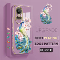 เคส PMP สำหรับ OPPO Reno10 Pro 5G ฟรีสายคล้อง + เคสโทรศัพท์เคลือบรูปขอบสี่เหลี่ยมนกยูงลายการ์ตูนหรูหราชุบเคสโทรศัพท์นิ่ม