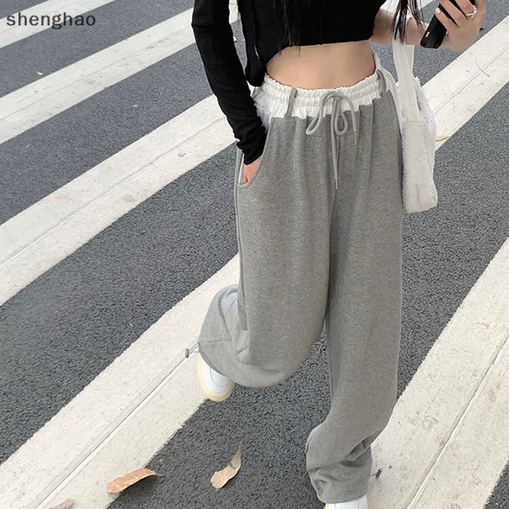 shenghao-y2k-หลวมฤดูร้อนกางเกงกีฬาบางผู้หญิงยืดหยุ่นสูงกางเกงวินเทจหญิงขากว้างกางเกงกางเกง