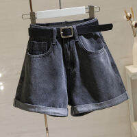 Smoke Grey Denim Shorts ผู้หญิง 2023 ฤดูร้อนใหม่เกาหลีรุ่นแสดงสูงผอมขอบม้วนขากว้างร้อยกางเกงร้อน