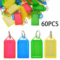 60pcs Plastic Multi-Color Label Key Chains Luggage ID Tags Key Fob with Split Ring Paper Card Slidable Protective Cover Key Ring Stickers Labels